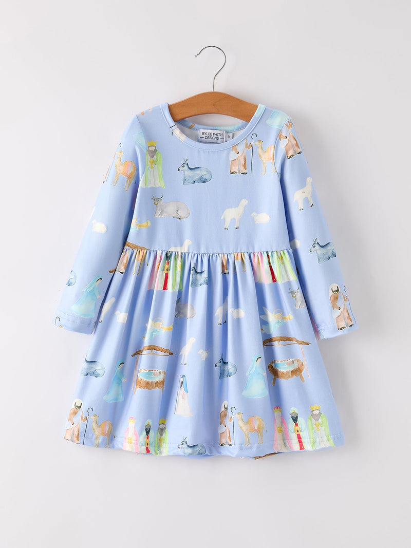 Winter Christmas Nativity Print Girls Long Sleeve Dress - 1