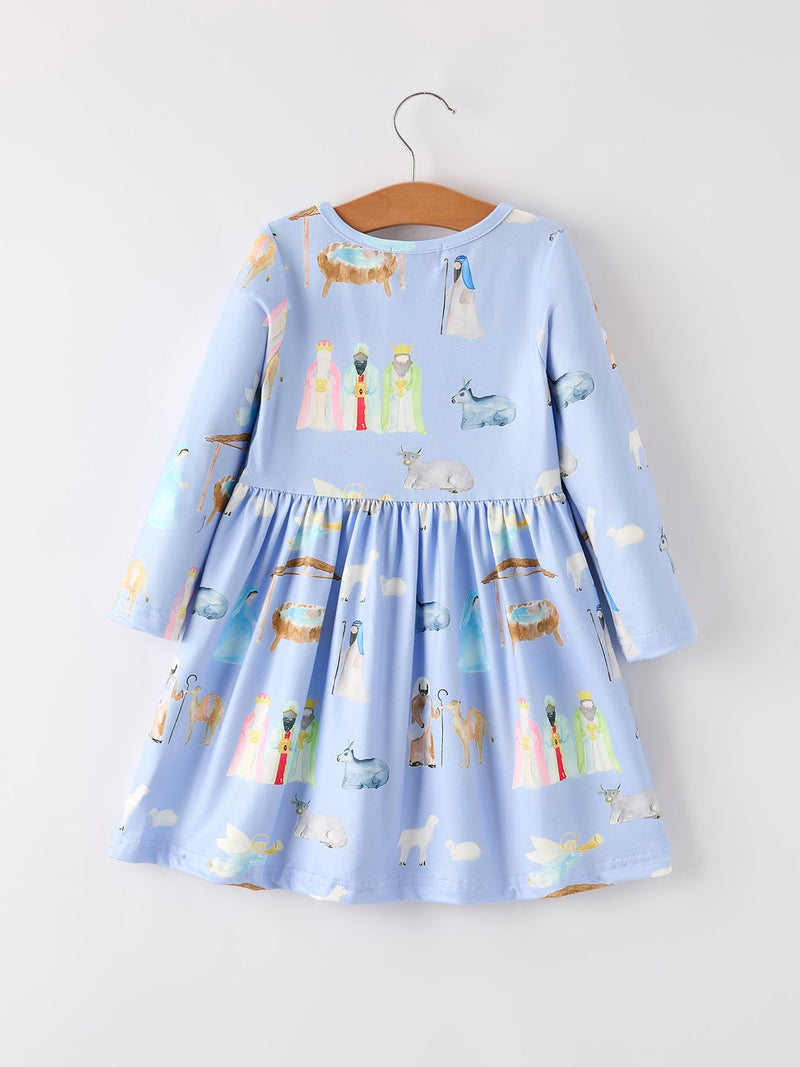 Winter Christmas Nativity Print Girls Long Sleeve Dress - 2