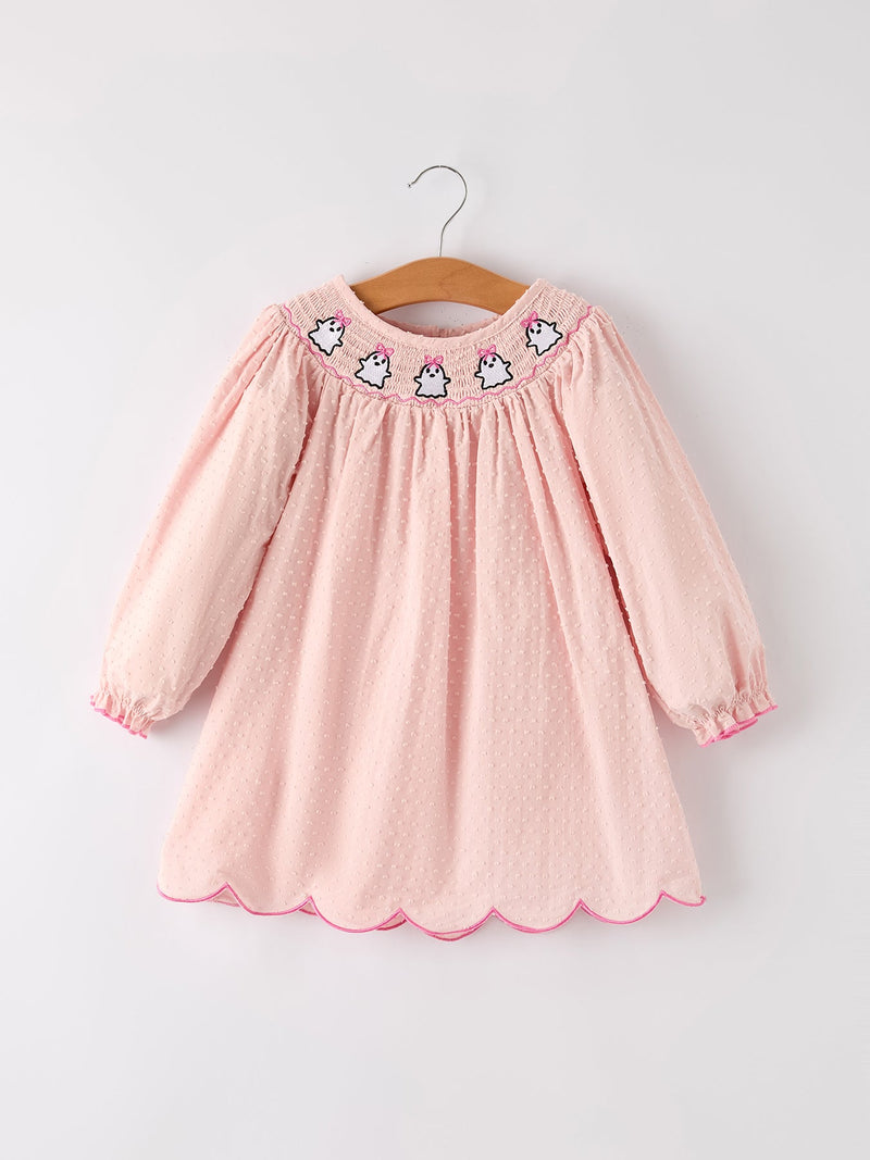 Autumn Halloween Light Pink Ghost Embroidery Smock Girl Dress - 1
