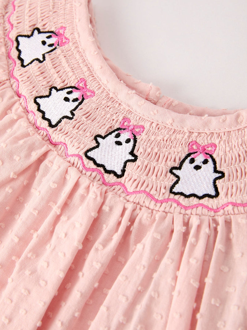 Autumn Halloween Light Pink Ghost Embroidery Smock Girl Dress - 3