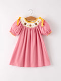 Fall Thanksgiving Turkey Leaf Embroidery Smocking Bow Girls Dress - 1