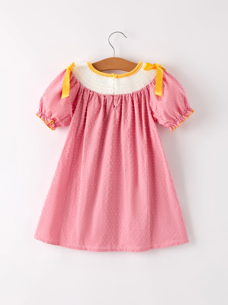 Fall Thanksgiving Turkey Leaf Embroidery Smocking Bow Girls Dress - 2