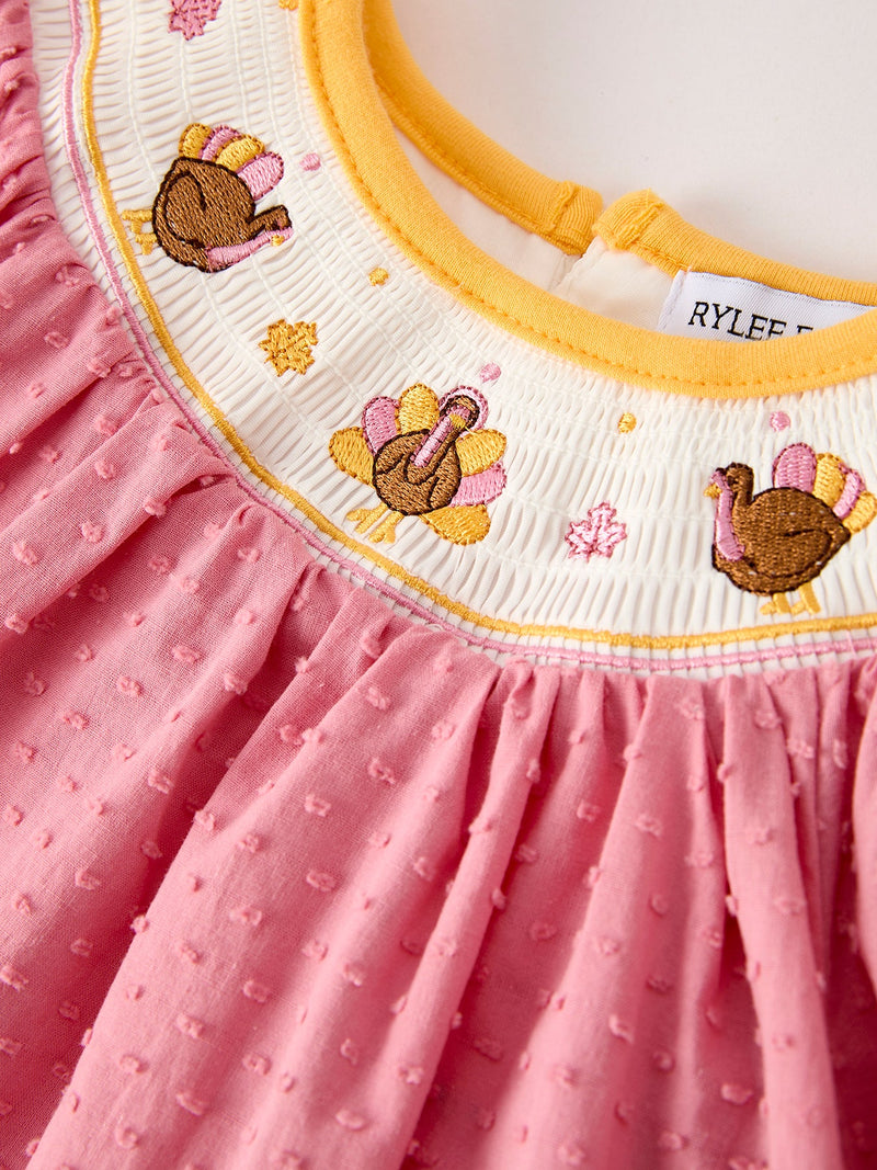 Fall Thanksgiving Turkey Leaf Embroidery Smocking Bow Girls Dress - 3