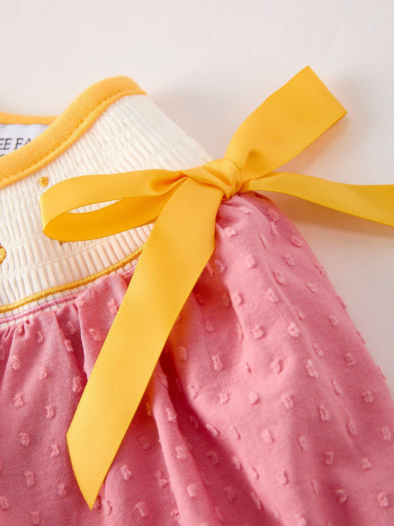Fall Thanksgiving Turkey Leaf Embroidery Smocking Bow Girls Dress - 5