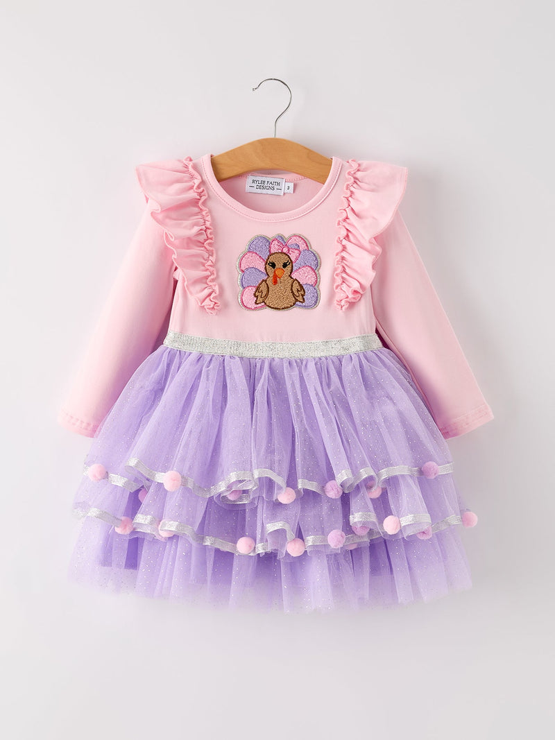 Autumn Thanksgiving Tulle Pink Purple Girls Long Sleeve Dress - 1