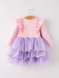 Autumn Thanksgiving Tulle Pink Purple Girls Long Sleeve Dress - 2