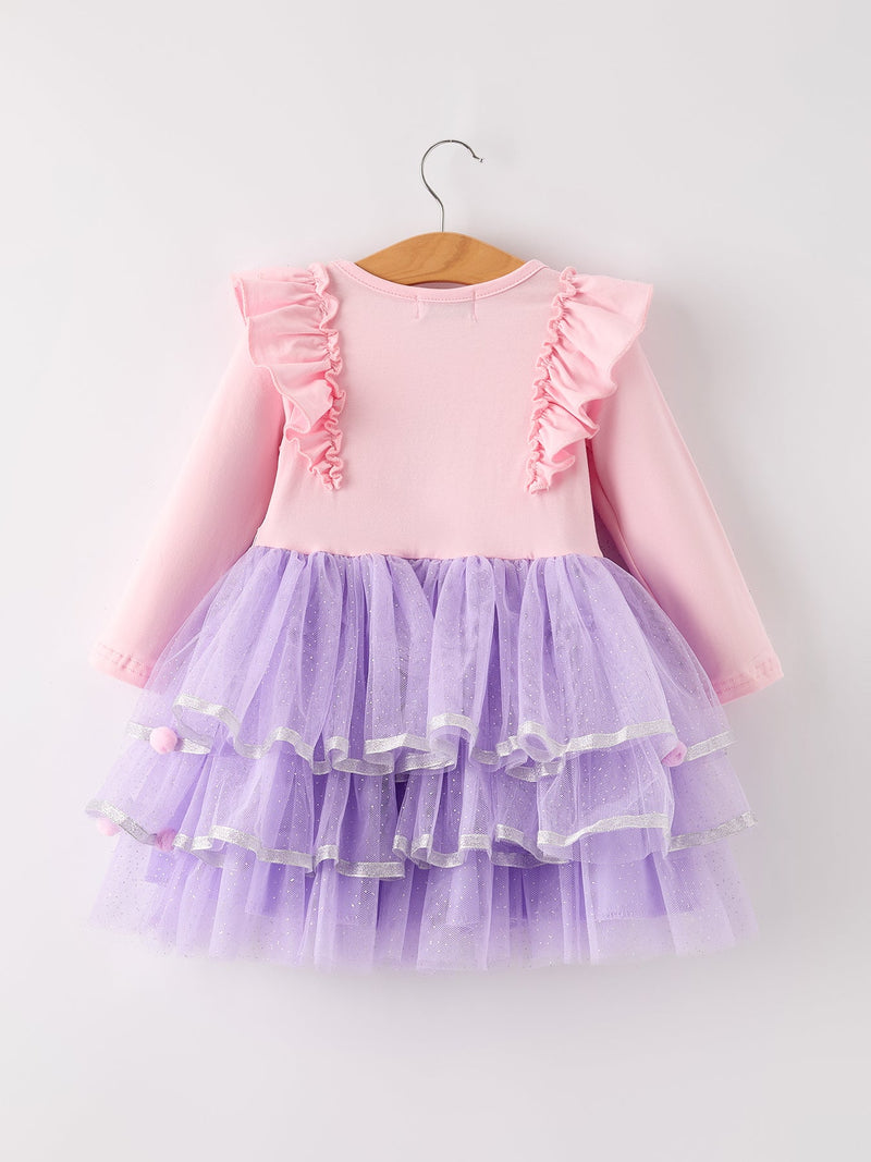 Autumn Thanksgiving Tulle Pink Purple Girls Long Sleeve Dress - 2