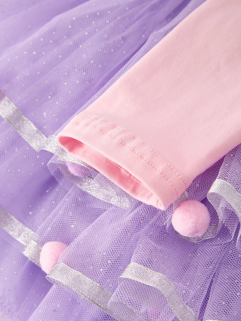 Autumn Thanksgiving Tulle Pink Purple Girls Long Sleeve Dress - 5