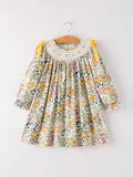 Fall  Embroidery Smocking Bow Floral Leaf Baby Girls Dress - 7