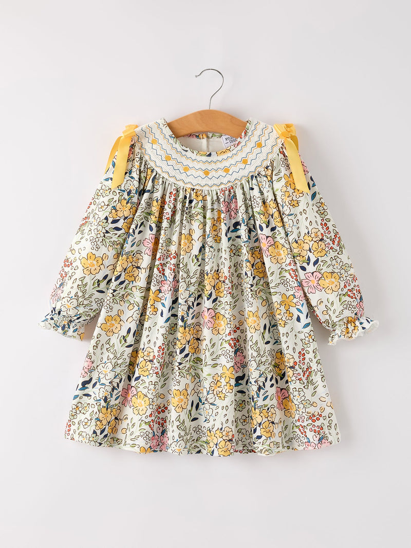 Fall  Embroidery Smocking Bow Floral Leaf Baby Girls Dress - 7