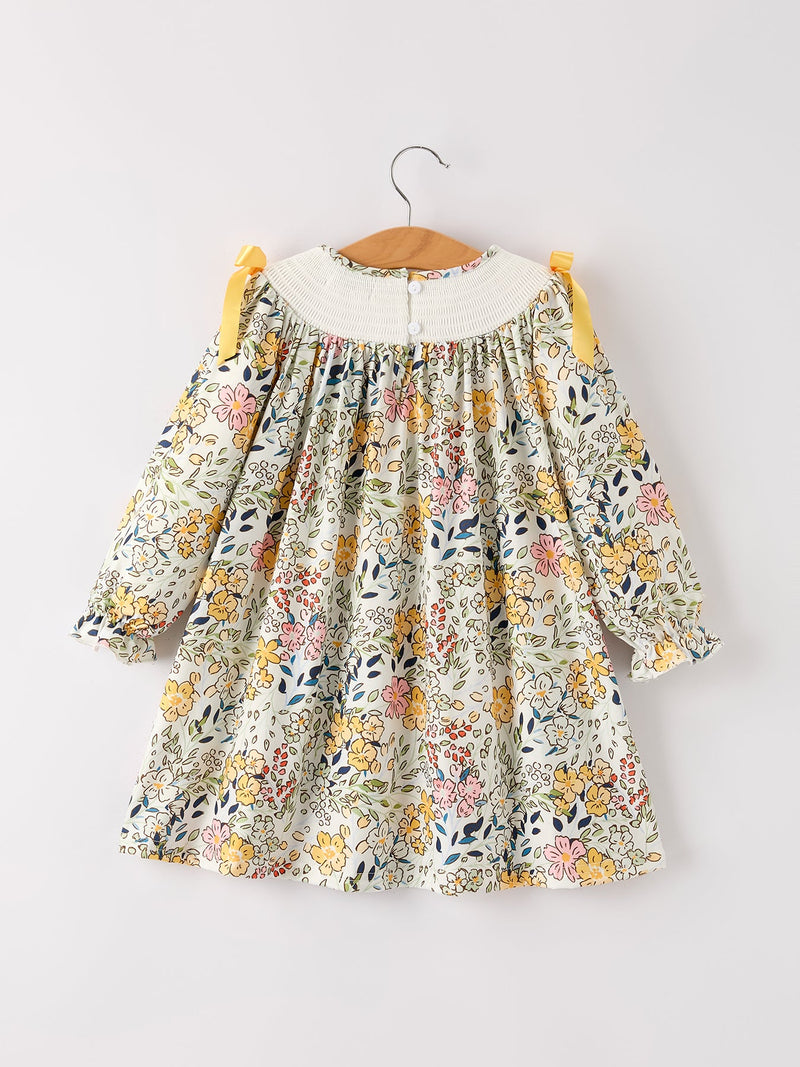 Fall  Embroidery Smocking Bow Floral Leaf Baby Girls Dress - 8