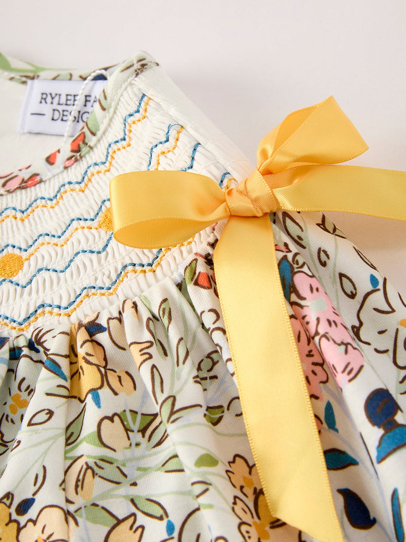 Fall  Embroidery Smocking Bow Floral Leaf Baby Girls Dress - 11