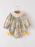 Fall  Embroidery Smocking Bow Floral Leaf Baby Girls Romper - 6