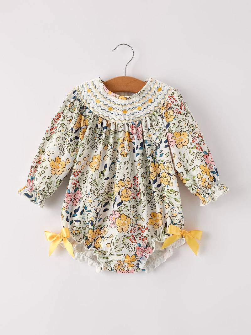 Fall  Embroidery Smocking Bow Floral Leaf Baby Girls Romper - 6