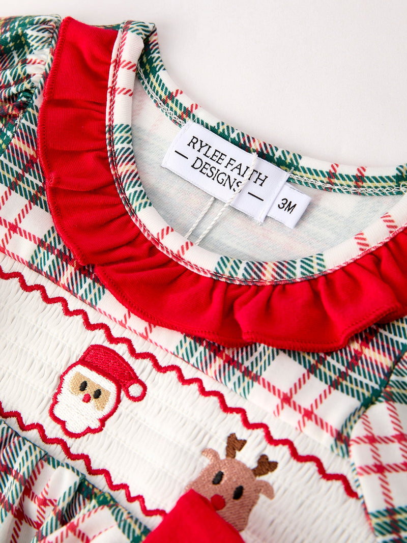 Christmas Plaid Smocking Embroidered Girls Bloomers Romper Set - 8