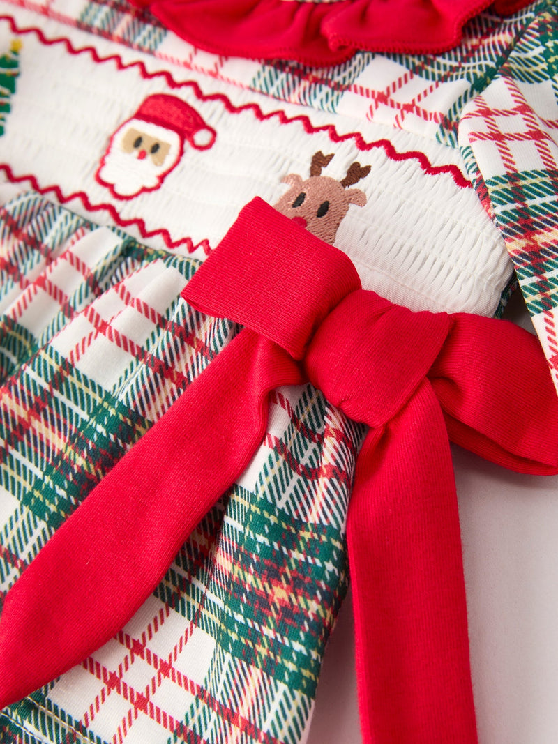Christmas Plaid Smocking Embroidered Girls Bloomers Romper Set - 9