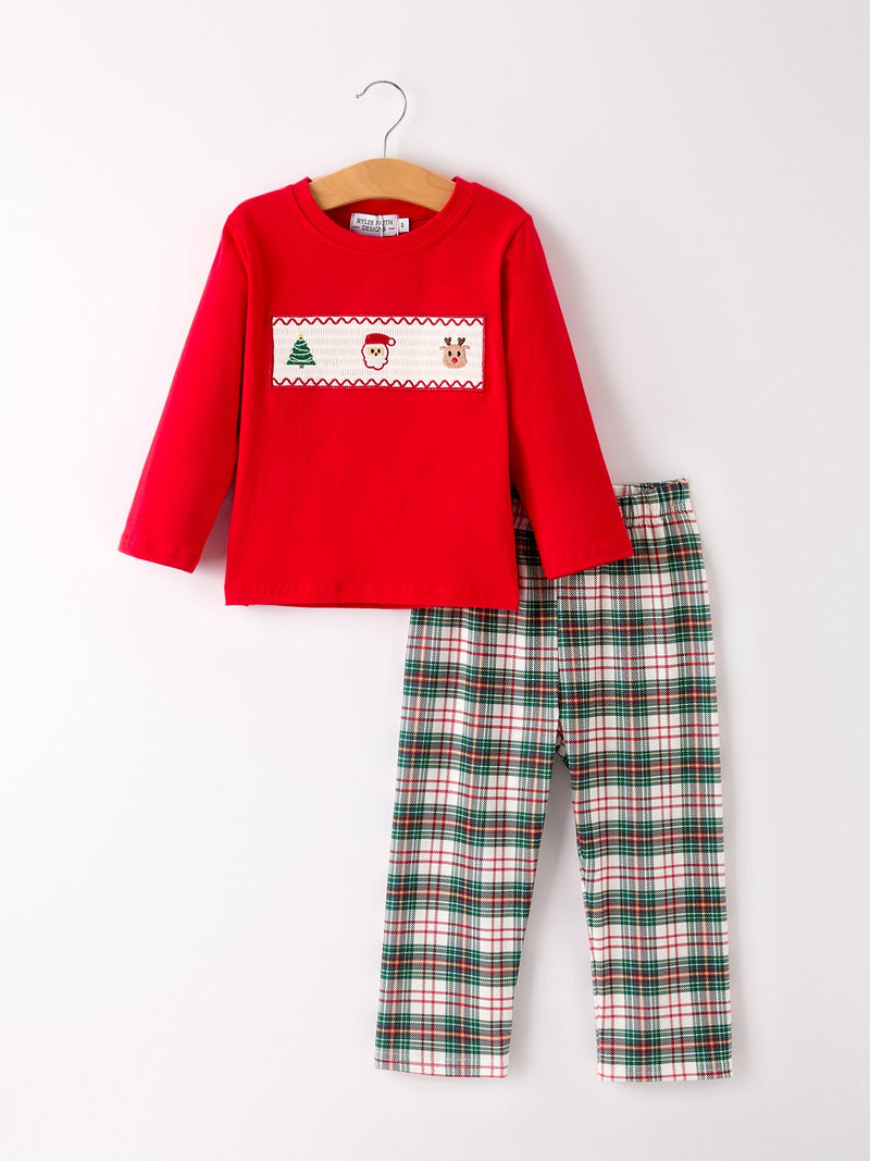 Christmas Plaid Smocking Embroidered Boys Set - 6