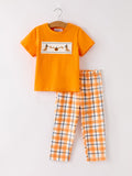 Fall Halloween Orange Embroidery Smocking Boys Set - 1