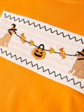 Fall Halloween Orange Embroidery Smocking Boys Set - 4