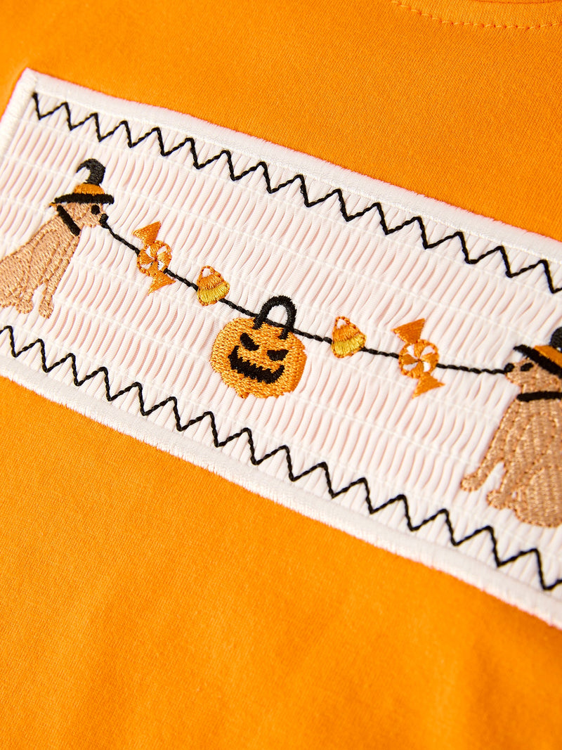 Fall Halloween Orange Embroidery Smocking Boys Set - 4