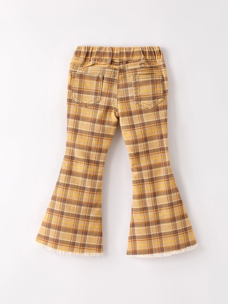 Autumn Thanksgiving Halloween Yellow and Brown Plaid Girls Jeans - 2