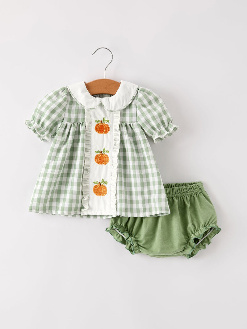 Fall Halloween & Thanksgiving Applique Plaid Girls Bloomers Romper Set - 6