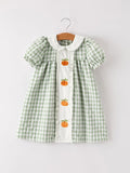Fall Halloween & Thanksgiving Pumpkin Applique Plaid Green Girls Dress - 1