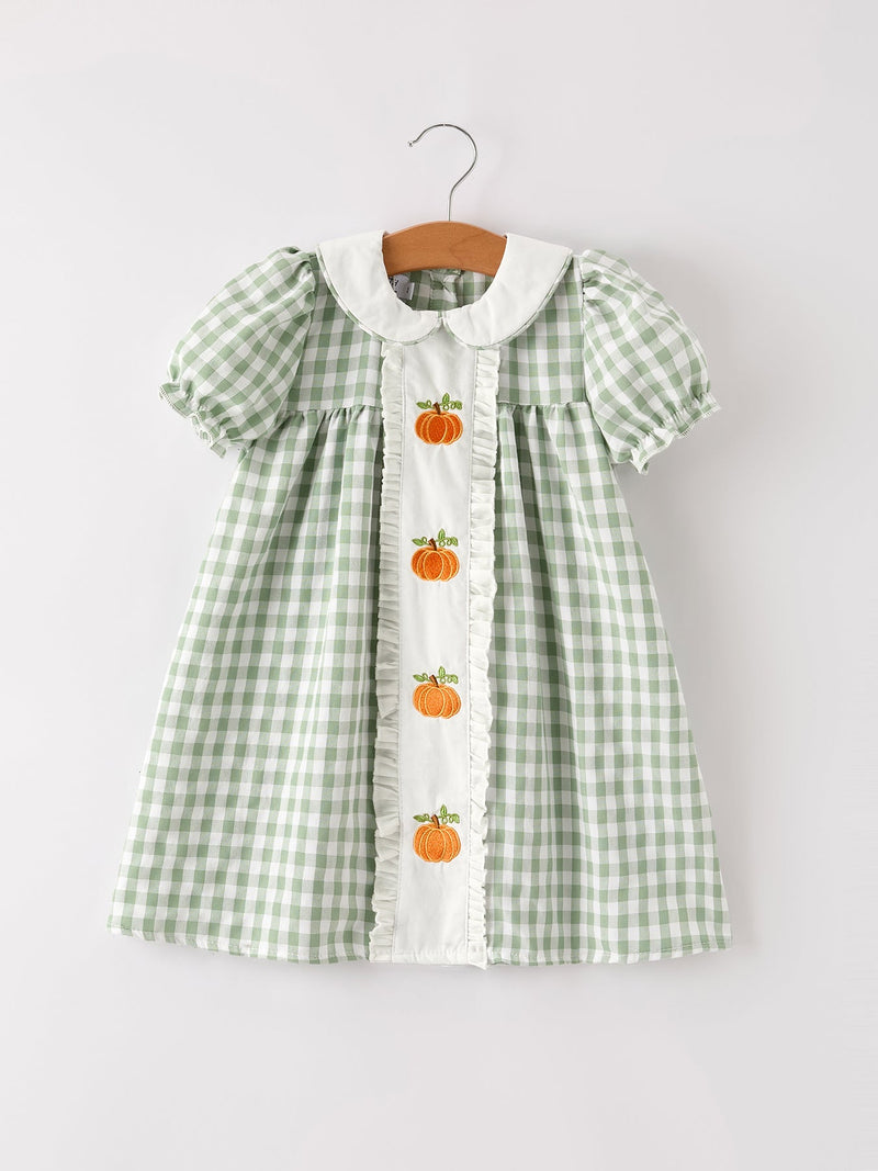 Fall Halloween & Thanksgiving Pumpkin Applique Plaid Green Girls Dress - 1