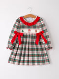 Christmas Embroidery Smocking Bow Plaid Girls Dress - 5