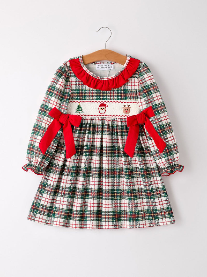 Christmas Embroidery Smocking Bow Plaid Girls Dress - 5
