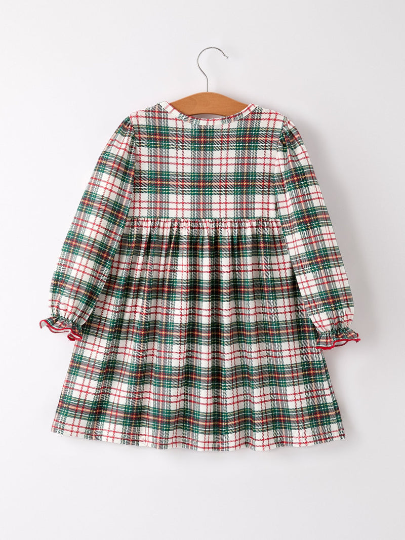 Christmas Embroidery Smocking Bow Plaid Girls Dress - 6