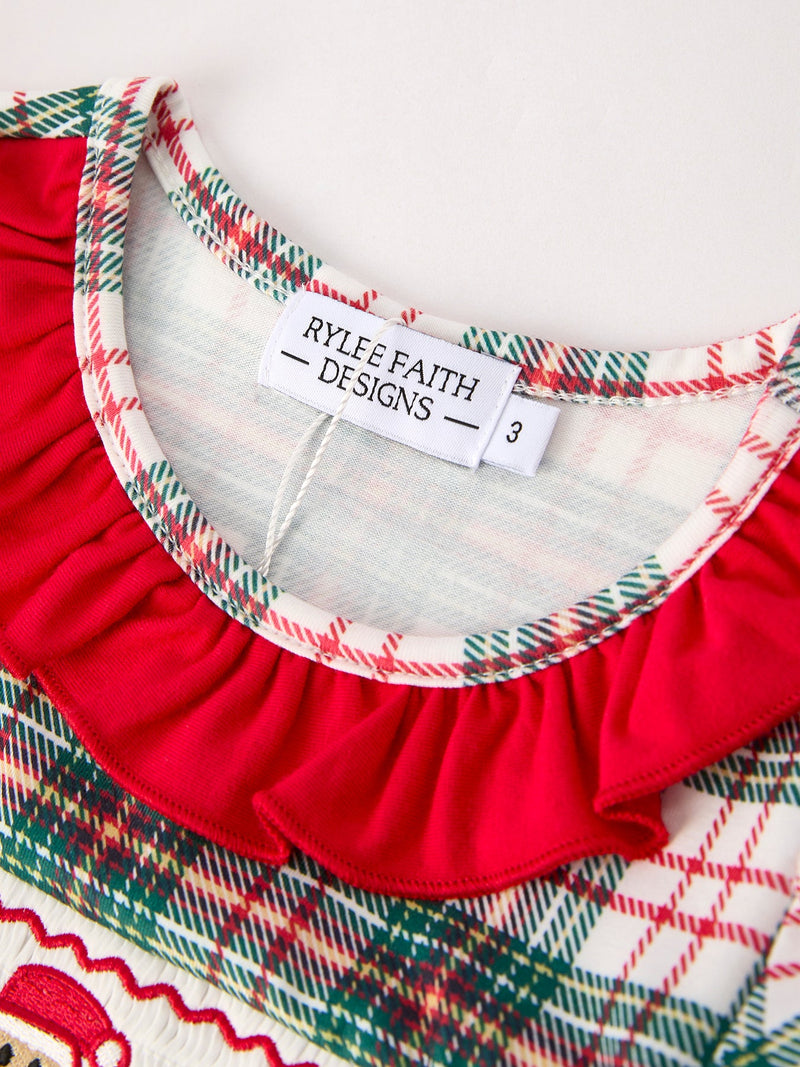 Christmas Embroidery Smocking Bow Plaid Girls Dress - 7