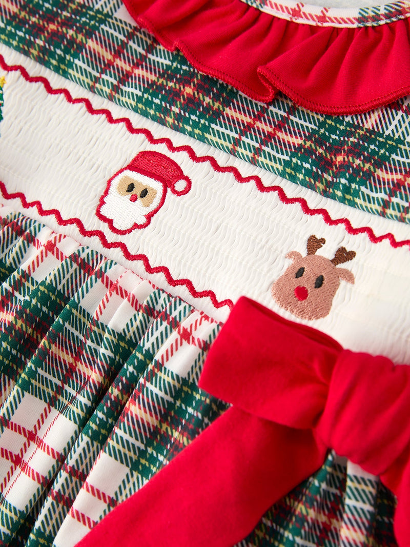Christmas Embroidery Smocking Bow Plaid Girls Dress - 8