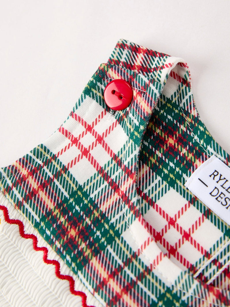 Christmas Jonjon Plaid Smocking Embroidered Boys Romper - 8