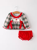 Christmas Plaid Smocking Embroidered Girls Bloomers Romper Set - 6