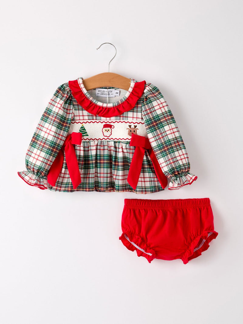 Christmas Plaid Smocking Embroidered Girls Bloomers Romper Set - 6