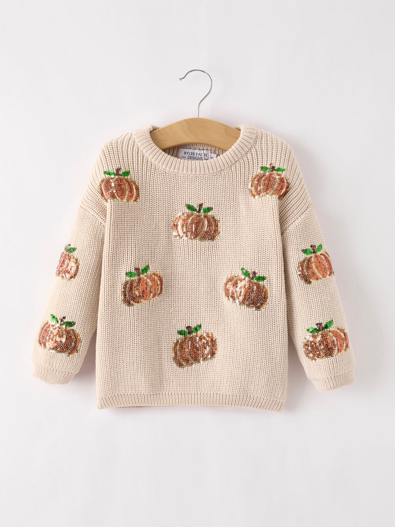 Thanksgiving Pumpkin Sequin Sweater – Beige, Perfect for Fall - 1