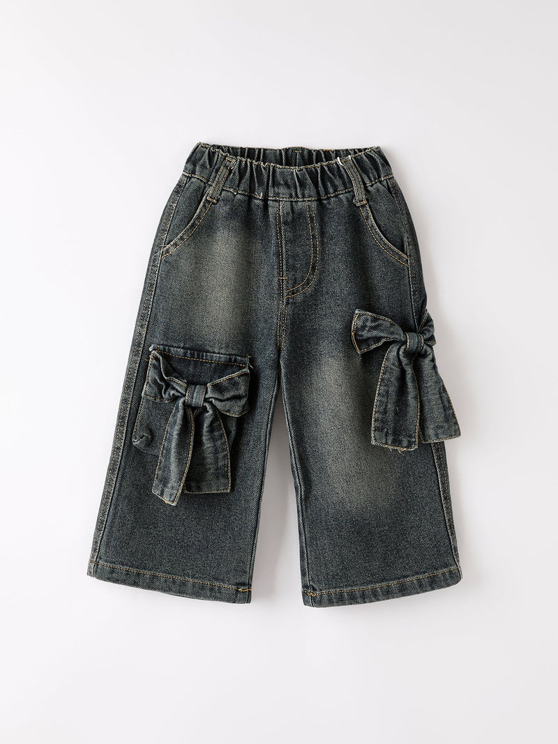 Girls Bow Stretch Wide-Leg Jeans - 1