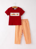 Fall Turkey Embroidered Boy Set – Orange Checkered with Thanksgiving Details - 1