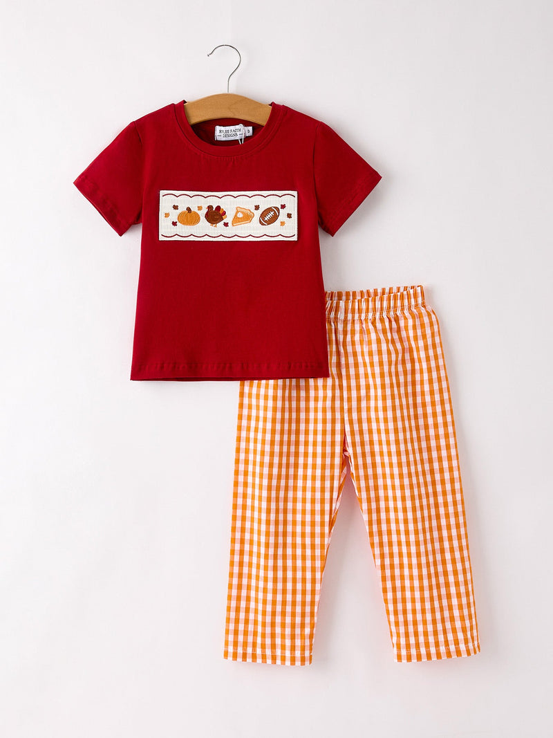 Fall Turkey Embroidered Boy Set – Orange Checkered with Thanksgiving Details - 1