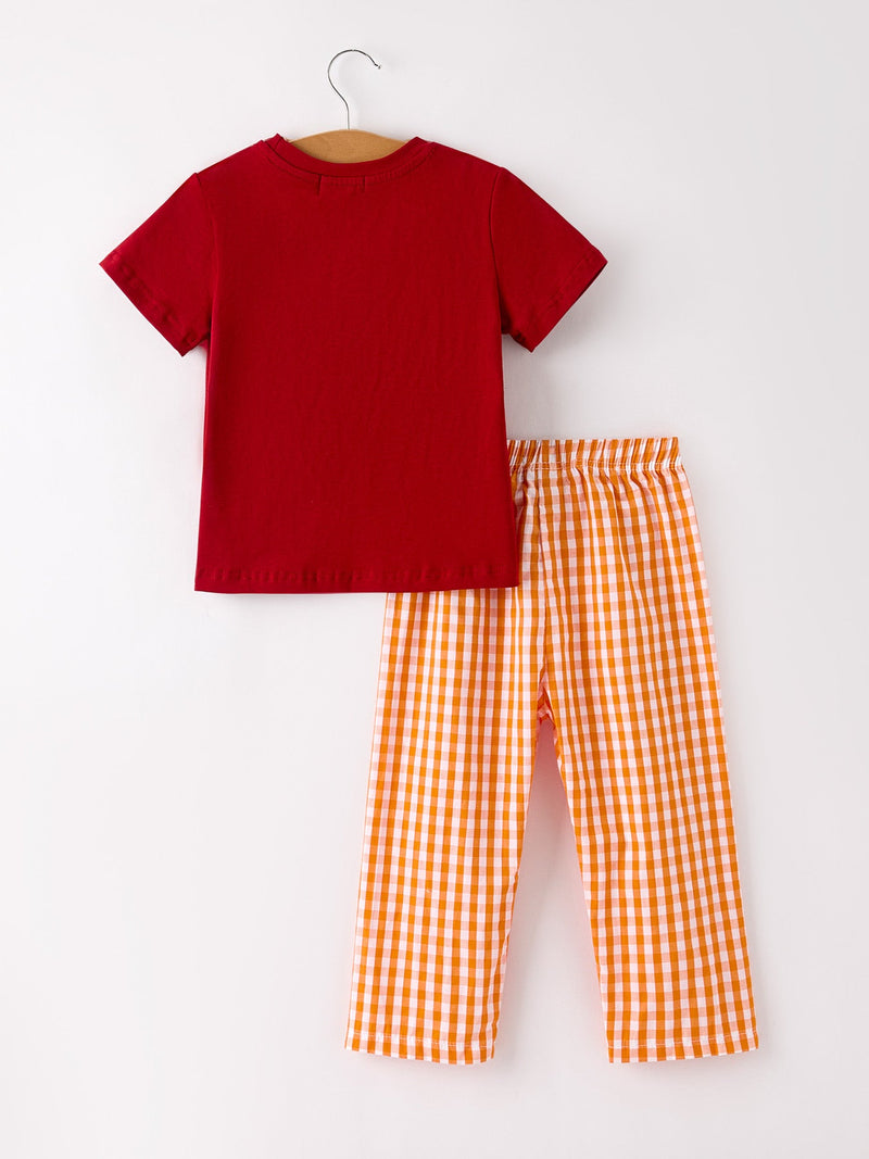 Fall Turkey Embroidered Boy Set – Orange Checkered with Thanksgiving Details - 2