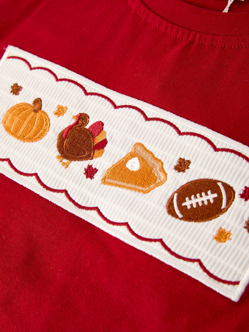 Fall Turkey Embroidered Boy Set – Orange Checkered with Thanksgiving Details - 4