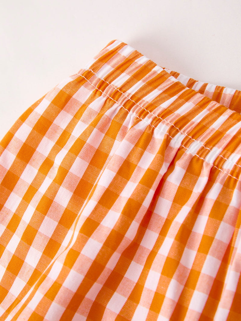 Fall Turkey Embroidered Boy Set – Orange Checkered with Thanksgiving Details - 5