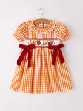 Fall Turkey Embroidered Dress for Girls – Orange Checkered with Thanksgiving Details - 1
