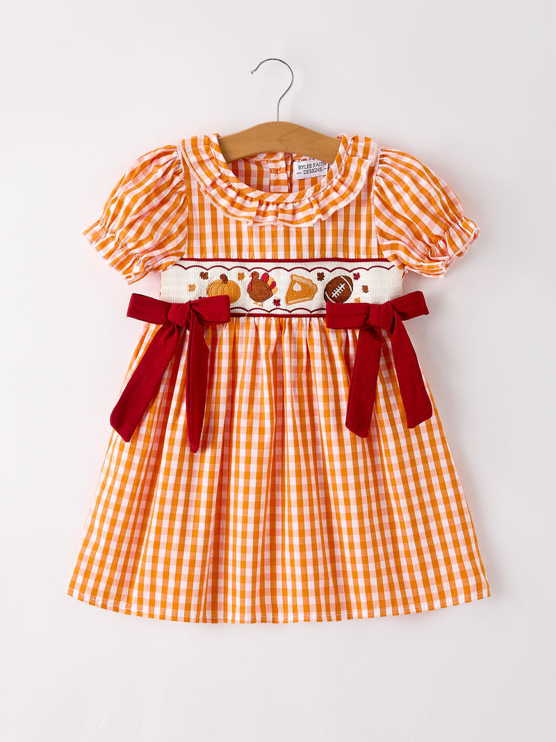 Fall Turkey Embroidered Dress for Girls – Orange Checkered with Thanksgiving Details - 1