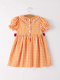 Fall Turkey Embroidered Dress for Girls – Orange Checkered with Thanksgiving Details - 2