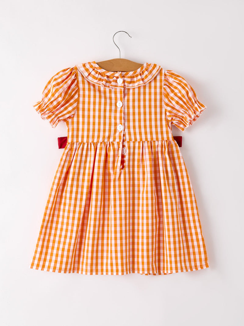 Fall Turkey Embroidered Dress for Girls – Orange Checkered with Thanksgiving Details - 2