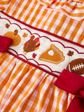 Fall Turkey Embroidered Dress for Girls – Orange Checkered with Thanksgiving Details - 3