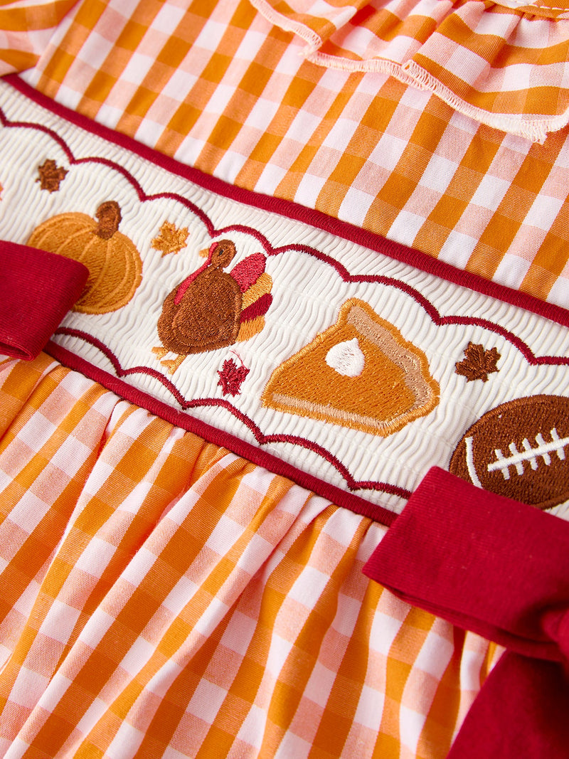 Fall Turkey Embroidered Dress for Girls – Orange Checkered with Thanksgiving Details - 3