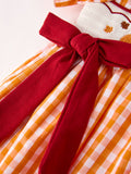 Fall Turkey Embroidered Dress for Girls – Orange Checkered with Thanksgiving Details - 4